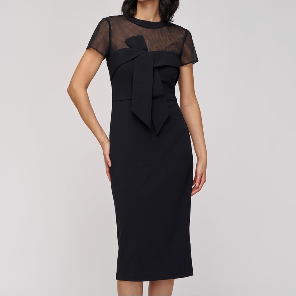 JS Collections Roselle Bow Illusion Mesh Black Sheath Midi Dress 4